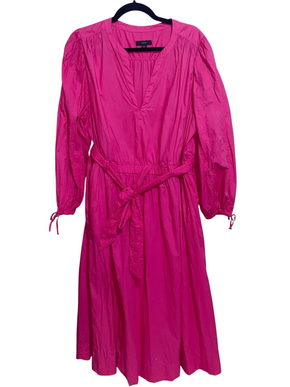 J Crew Dress Womens Plus Size 2X Tie Waist V Neck Hot Pink Cotton Poplin Preppy